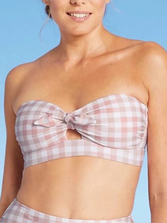 Kona Sol Other - NWT Kona Sol Baby Pink Gingham Print Front Tie Bandeau Bikini Top